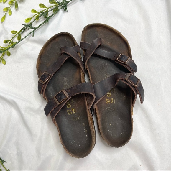 Birkenstock Shoes - Birkenstock Mayari Oiled Leather Brown Strappy Double Two Strap Buckle Sandals